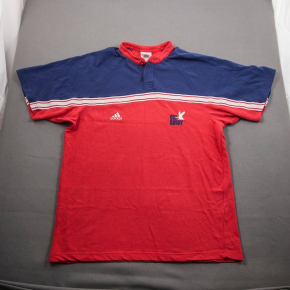 Vintage Y2K Adidas USA Rugby Striped Embroidered Short Sleeve Henley Shirt L - Picture 2 of 10